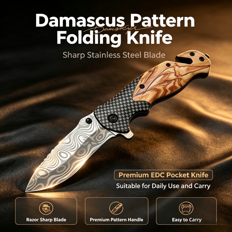 Edc Concealed Carry Knife - ダマスカス模様折りたたみナイフ、鋭利なステンレス鋼の刃、プレミアムEDCポケットナイフ、日常使用や持ち運びに最適